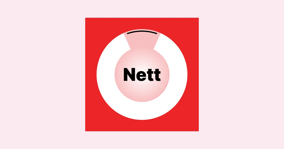 The Nett app icon: a red square with a coin-slot piggy-bank mark and the word Nett, on a pale pink background